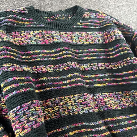 Vintage Black + Pink Striped Thick Cotton Knit Sweater Retro Vibes Stripes Sz L - Picture 5 of 6